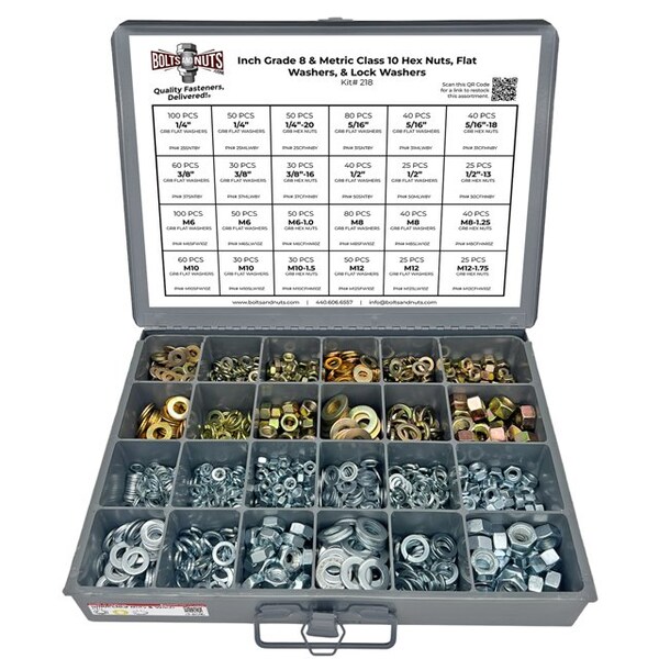 Boltsandnuts.Com Inch & Metric Grade 8 Hex Nut, Flat & Lock Washer Assortment - 1151 PCS Assortment Kit #218 - main